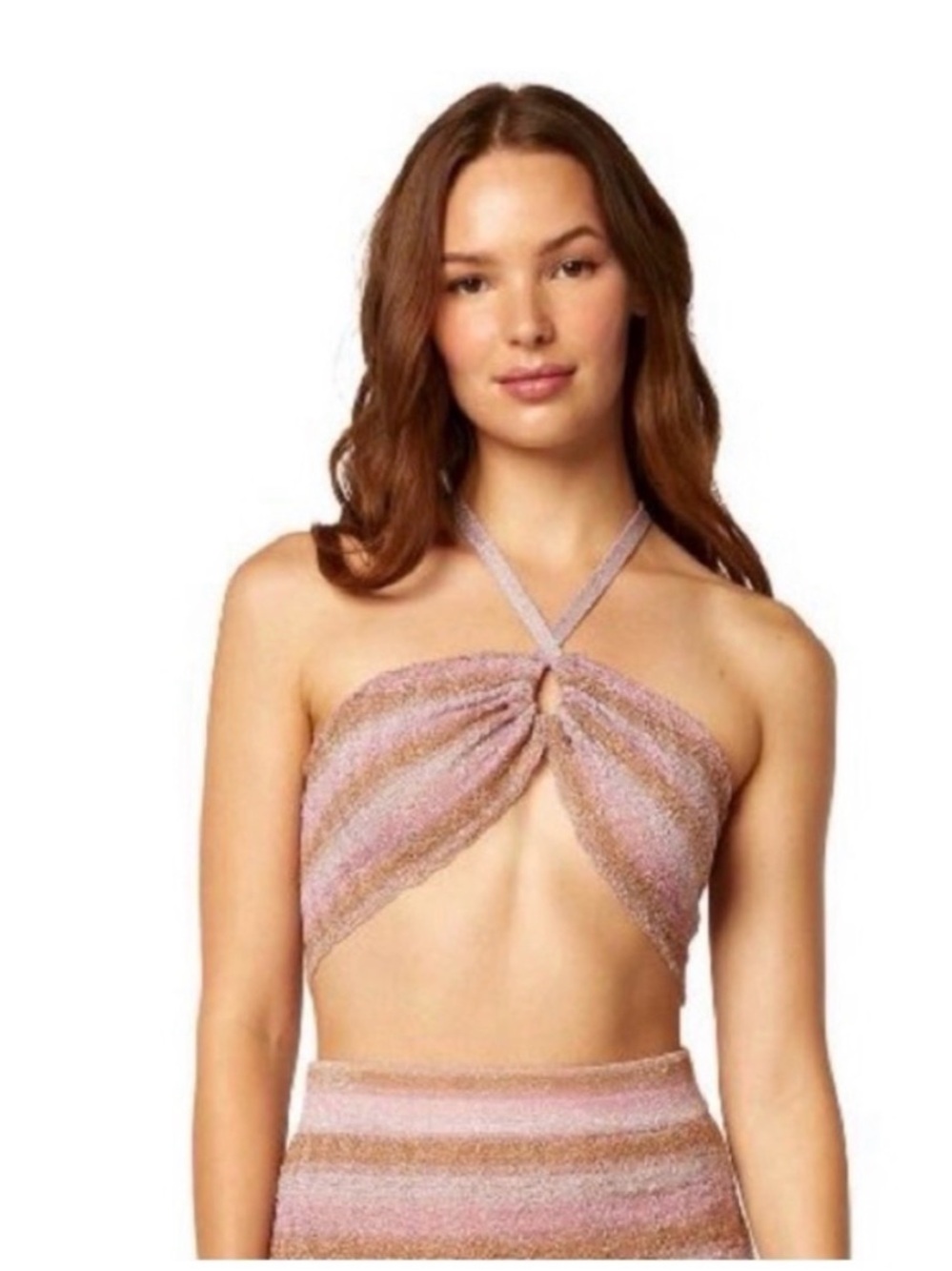 Misa Los Angeles Pink Metallic Knit Halter Crop Top